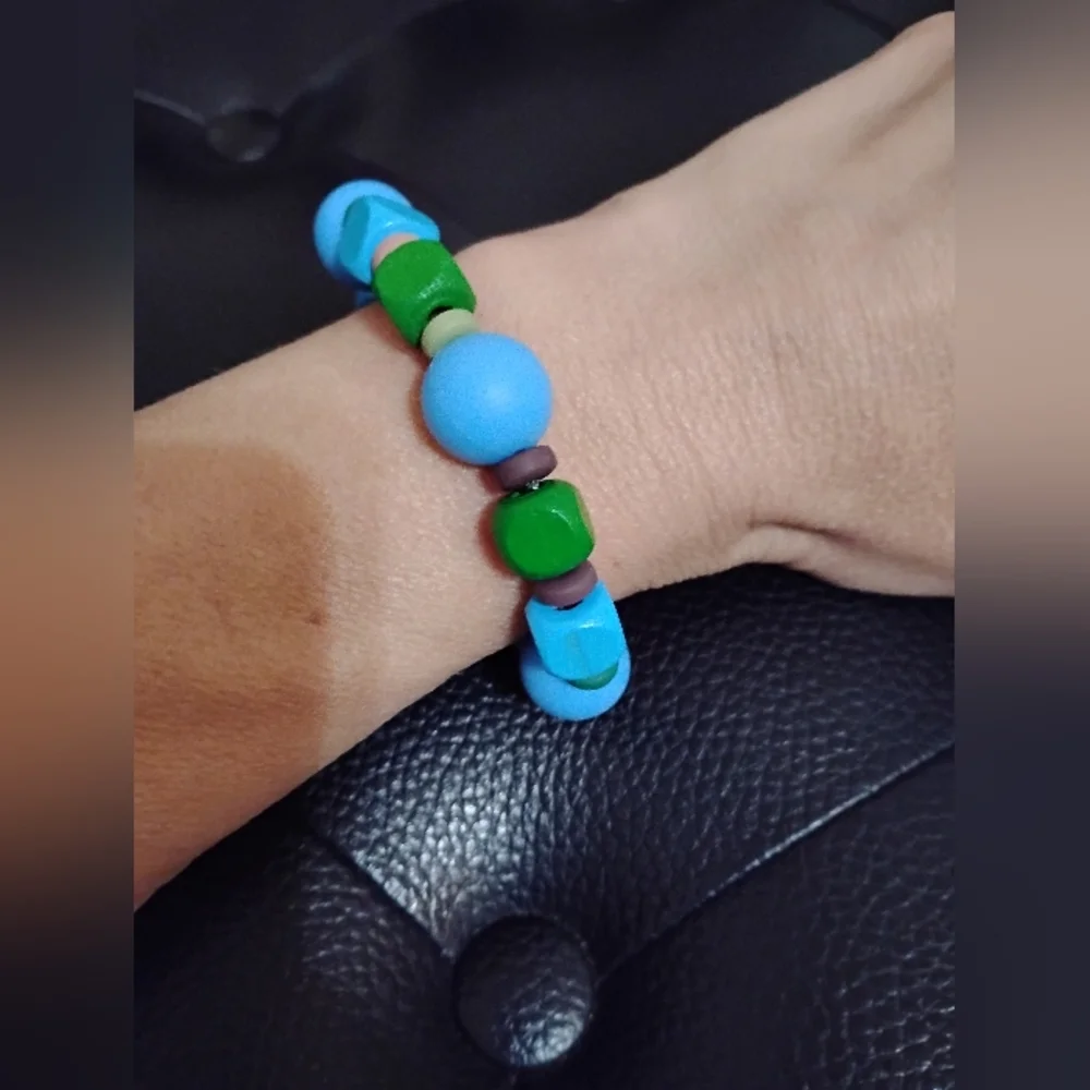 Colorful Wooden & Silicone Beaded Kids Bracelet On Double Stretchy Strings